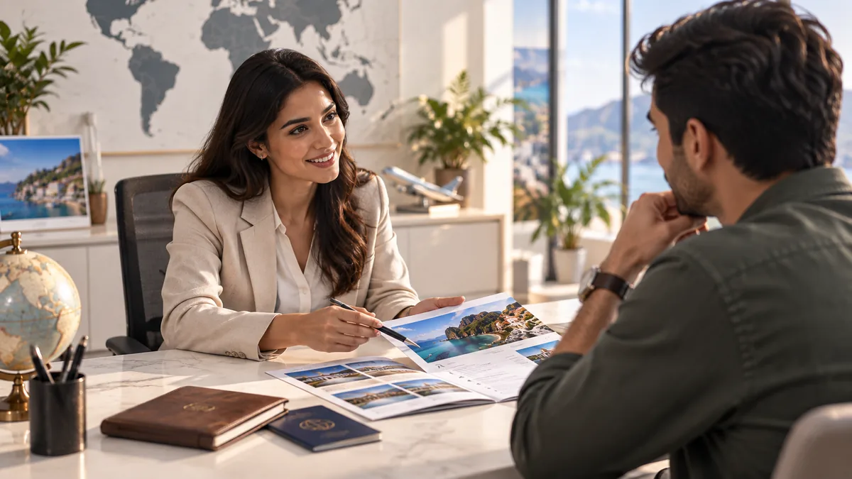 Travel advisor reviewing a holiday itinerary with a customer at a desk