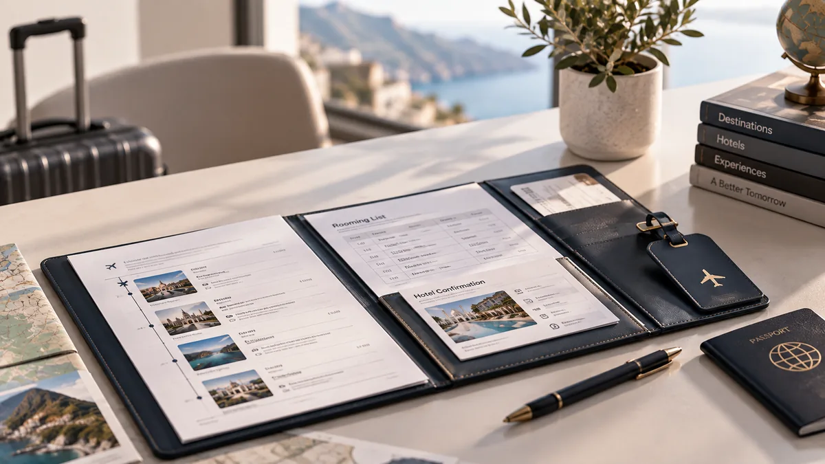 Itinerary and hotel confirmation with a rooming list in a travel folder next to a passport