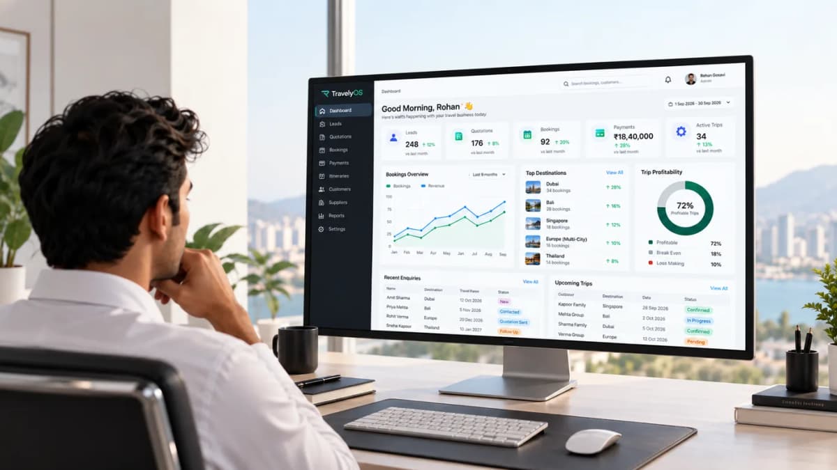 TravelyOS sales dashboard showing bookings overview, top destinations, upcoming trips and trip profitability