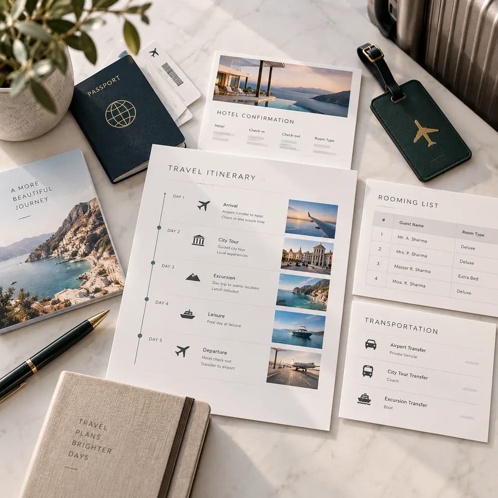 Printed travel itinerary, hotel confirmation and rooming list laid out on a desk with a passport
