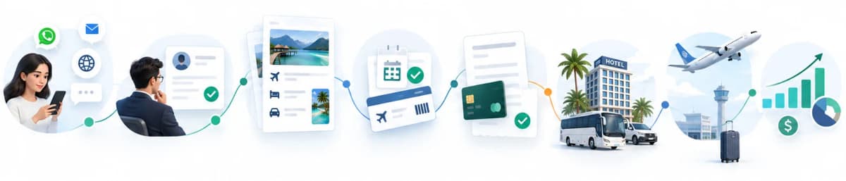 Illustration of the travel workflow from WhatsApp, email and website enquiry through quotation, booking, payment, hotel and transport to flights and business growth